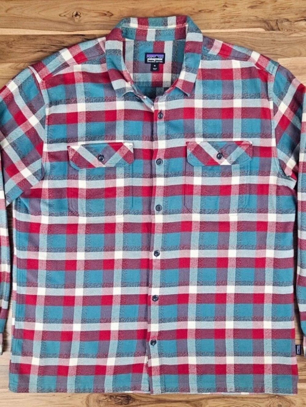 Patagonia Mens Fjord Organic Cotton Midweight Flannel Shirt, Size XL, Red/Teal